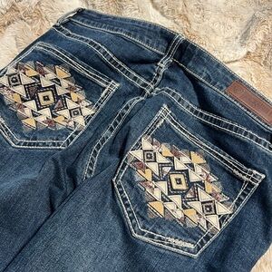 Embroidered Boot Cut Jeans with Geometric Design
